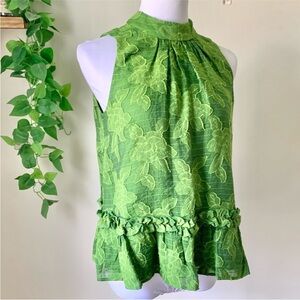 Anthropologie Green Floral Sleeveless Peplum Top
